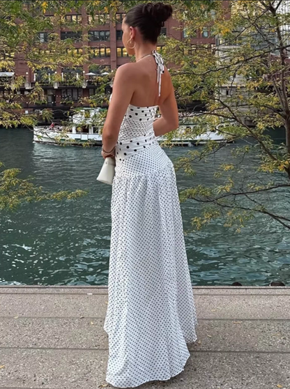 Vintage Polka Dot Halter-Neck A-Line Evening Dress TP5720
