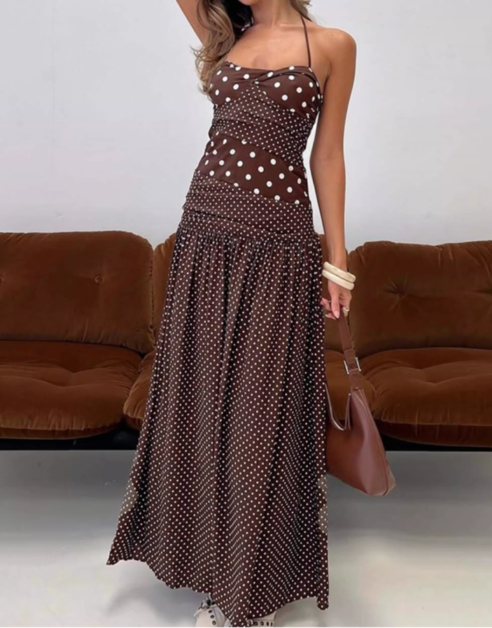 Vintage Polka Dot Halter-Neck A-Line Evening Dress TP5720