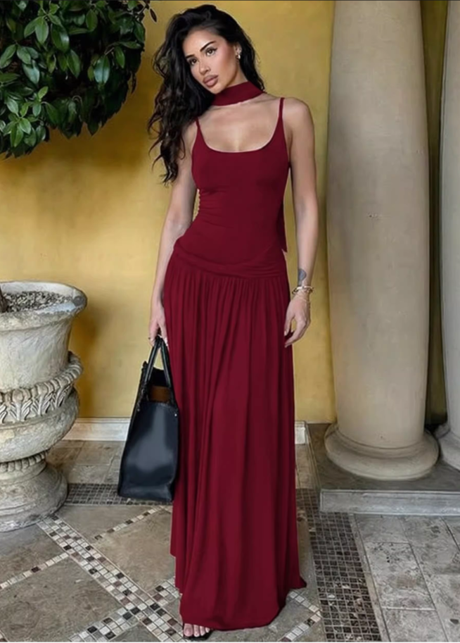 Vintage Burgundy Square Neck Spaghetti Strap Evening Dress TP5721