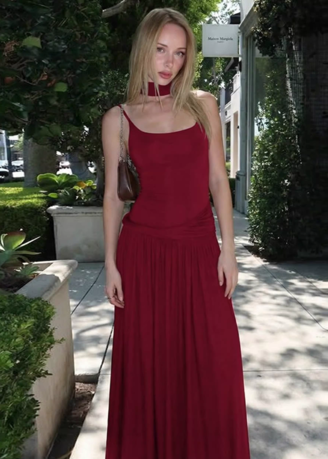Vintage Burgundy Square Neck Spaghetti Strap Evening Dress TP5721