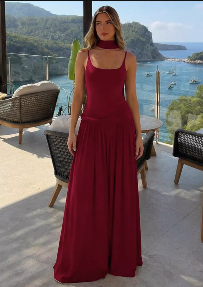 Vintage Burgundy Square Neck Spaghetti Strap Evening Dress TP5721