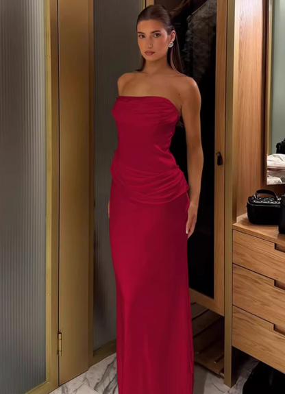 Elegant Burgundy Strapless Ruched Sheath Evening Gown TP5722
