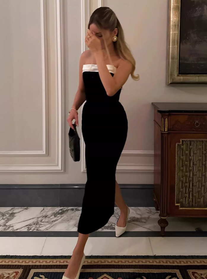 Elegant Black Strapless Sheath Evening Gown TP5723
