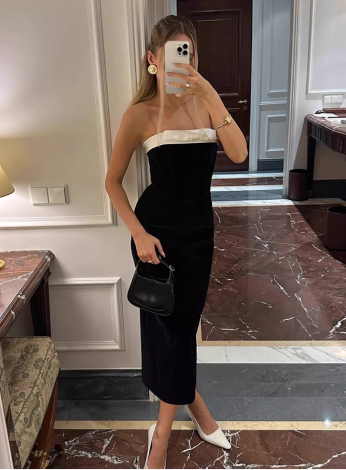 Elegant Black Strapless Sheath Evening Gown TP5723