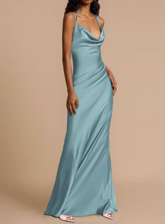 Elegant Tiffany Blue Satin Cowl Neck Mermaid Evening Gown TP5724