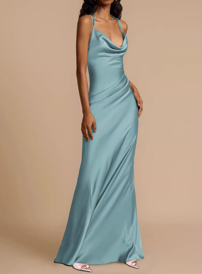 Elegant Tiffany Blue Satin Cowl Neck Mermaid Evening Gown TP5724