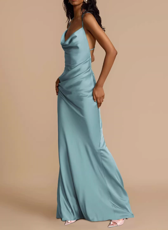 Elegant Tiffany Blue Satin Cowl Neck Mermaid Evening Gown TP5724
