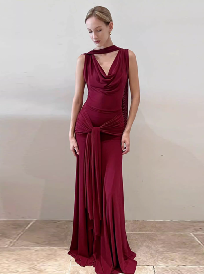 Elegant Draped Cowl Neck Sleeveless Evening Gown TP5725