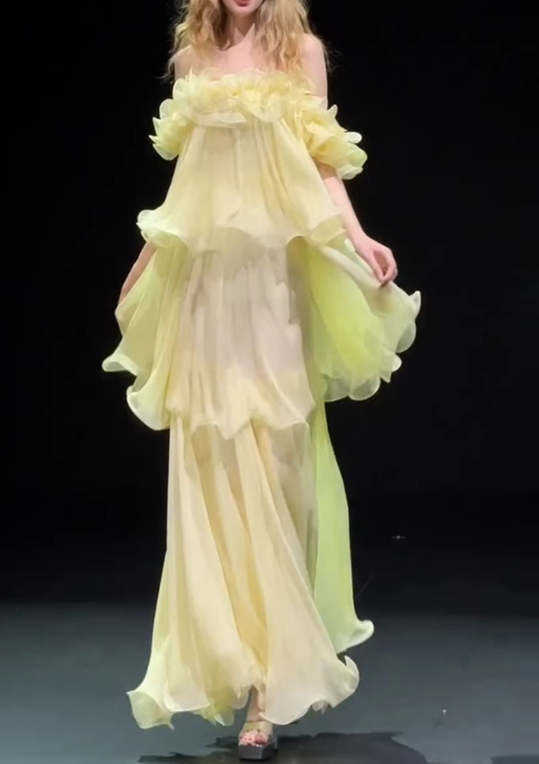 Glamorous Yellow Off-the-Shoulder Ruffled Tiered Evening Gown TP5728