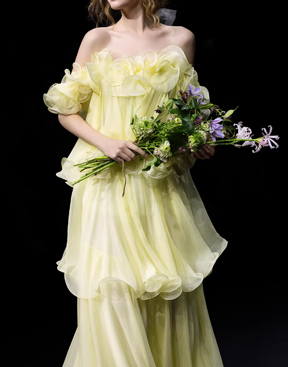 Glamorous Yellow Off-the-Shoulder Ruffled Tiered Evening Gown TP5728