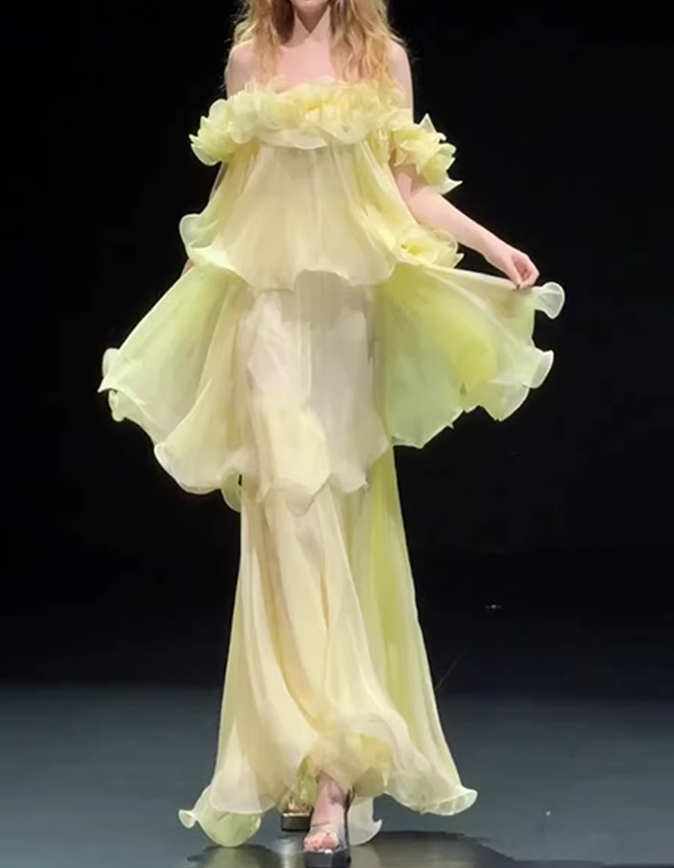 Glamorous Yellow Off-the-Shoulder Ruffled Tiered Evening Gown TP5728