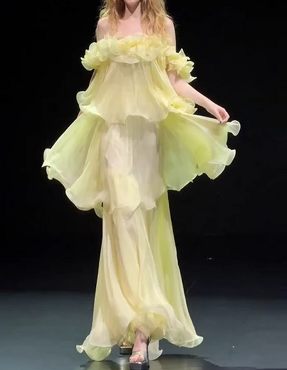 Glamorous Yellow Off-the-Shoulder Ruffled Tiered Evening Gown TP5728
