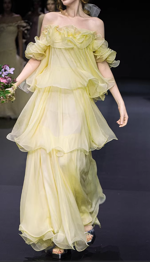 Glamorous Yellow Off-the-Shoulder Ruffled Tiered Evening Gown TP5728