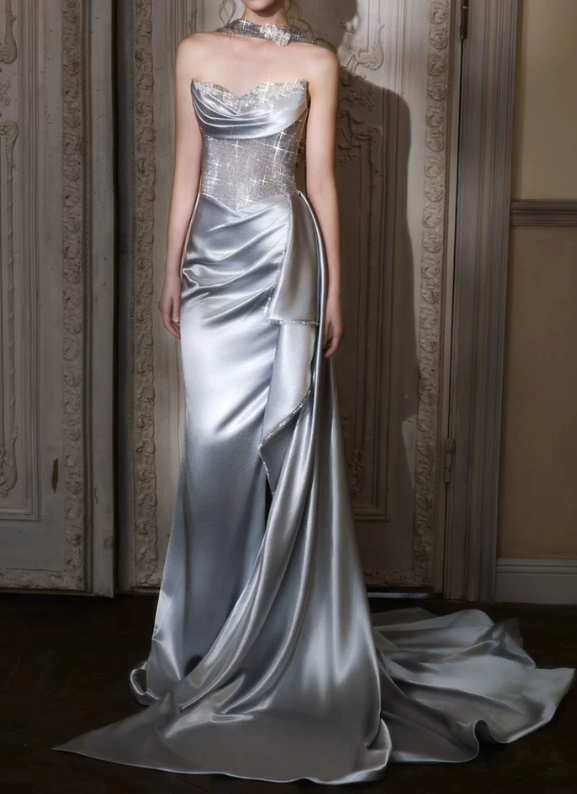Silver Satin Strapless Evening Gown Beaded Mermaid Prom Dress TP5767