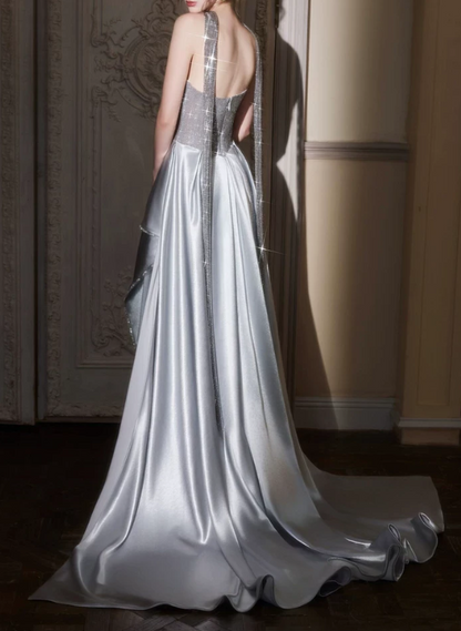 Silver Satin Strapless Evening Gown Beaded Mermaid Prom Dress TP5767