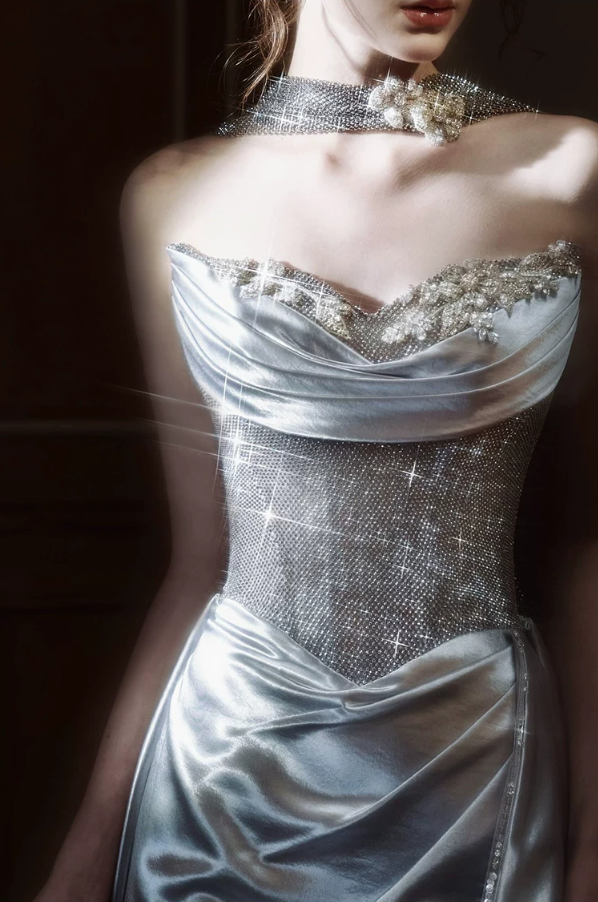 Silver Satin Strapless Evening Gown Beaded Mermaid Prom Dress TP5767