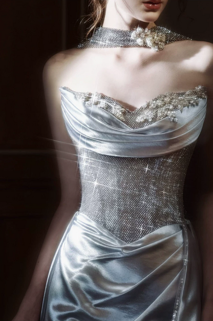 Silver Satin Strapless Evening Gown Beaded Mermaid Prom Dress TP5767
