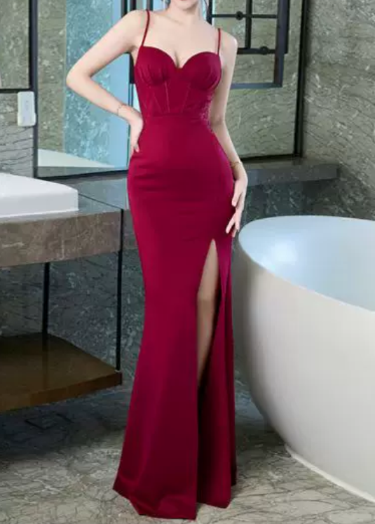 Elegant Spaghetti Strap Corset Sweetheart Mermaid Evening Gown with Slit TP5772