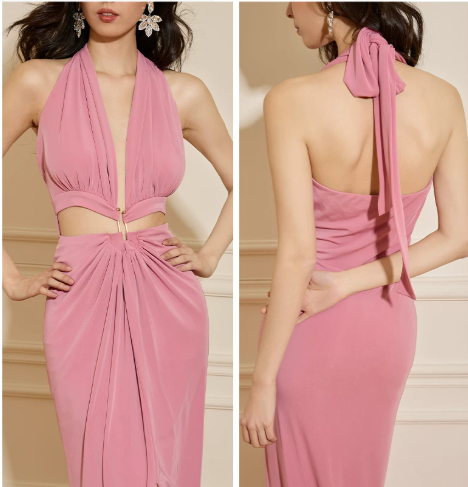 Elegant Pink Halter Deep V-Neck Cutout Maxi Dress High Slit Sleeveless Formal Evening Gown TP5753
