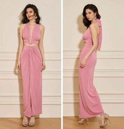 Elegant Pink Halter Deep V-Neck Cutout Maxi Dress High Slit Sleeveless Formal Evening Gown TP5753