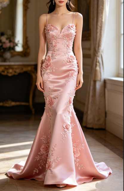 Vintage Light Pink Spaghetti Strap Mermaid Prom Dress 3D Floral Embroidery Evening Gown TP5856