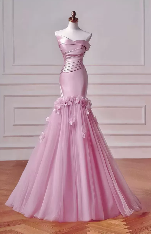Glamorous Strapless Ruched Satin Mermaid Pink Tulle Skirt 3D Flower Prom Dress TP5870