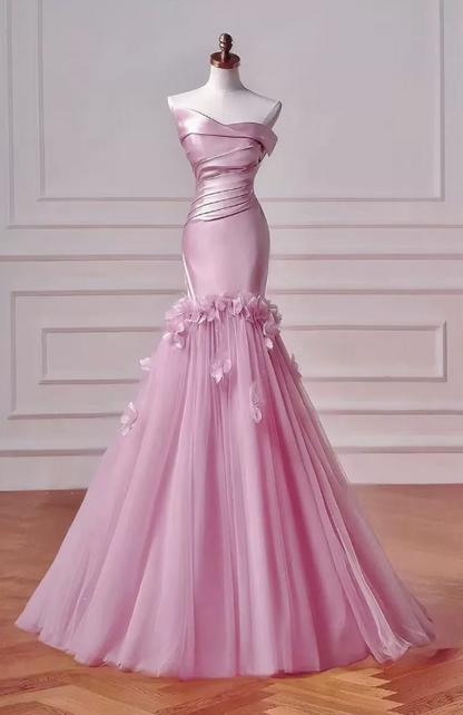 Glamorous Strapless Ruched Satin Mermaid Pink Tulle Skirt 3D Flower Prom Dress TP5870