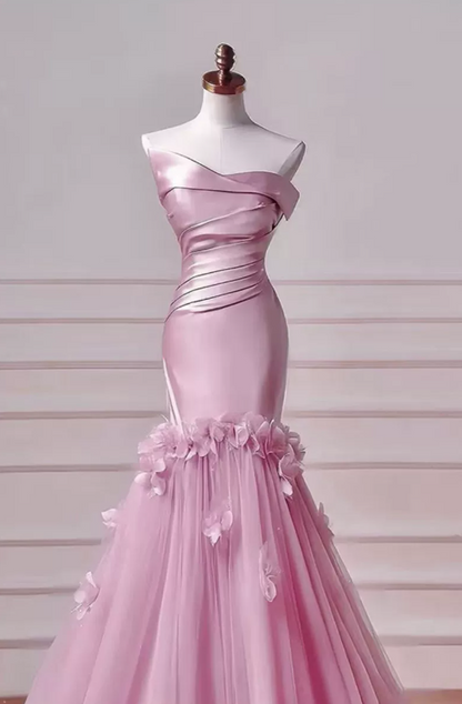 Glamorous Strapless Ruched Satin Mermaid Pink Tulle Skirt 3D Flower Prom Dress TP5870