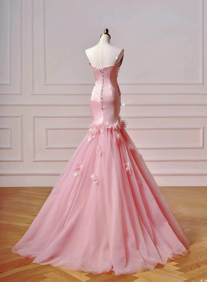 Glamorous Strapless Ruched Satin Mermaid Pink Tulle Skirt 3D Flower Prom Dress TP5870
