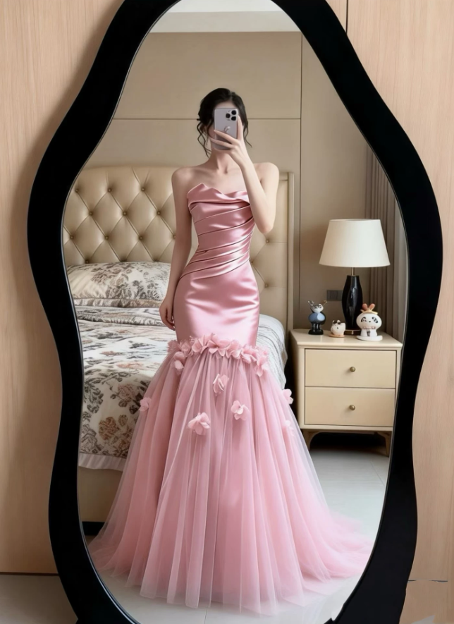 Glamorous Strapless Ruched Satin Mermaid Pink Tulle Skirt 3D Flower Prom Dress TP5870