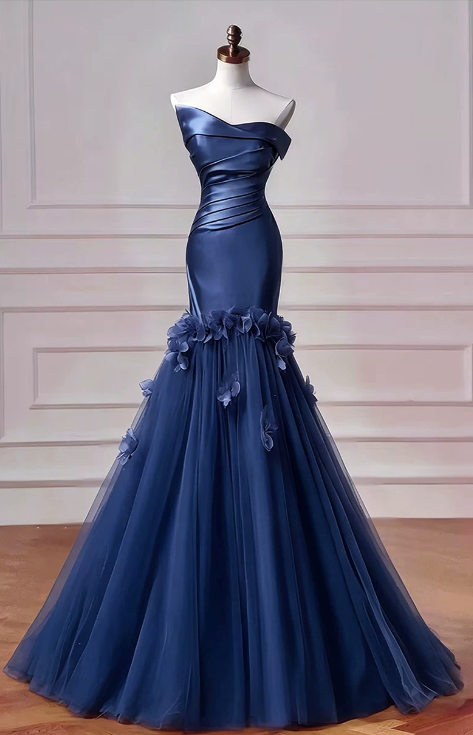 Glamorous Strapless Ruched Satin Mermaid Pink Tulle Skirt 3D Flower Prom Dress TP5870