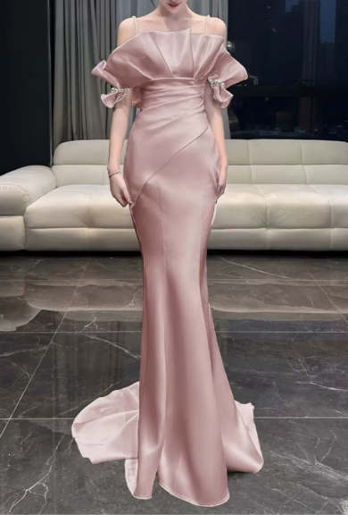 Gorgeous Pink Satin Spaghetti Strap Off-the-Shoulder Mermaid Ruffled Pearl Detail Prom Dress TP5878