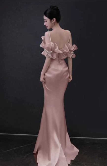 Gorgeous Pink Satin Spaghetti Strap Off-the-Shoulder Mermaid Ruffled Pearl Detail Prom Dress TP5878