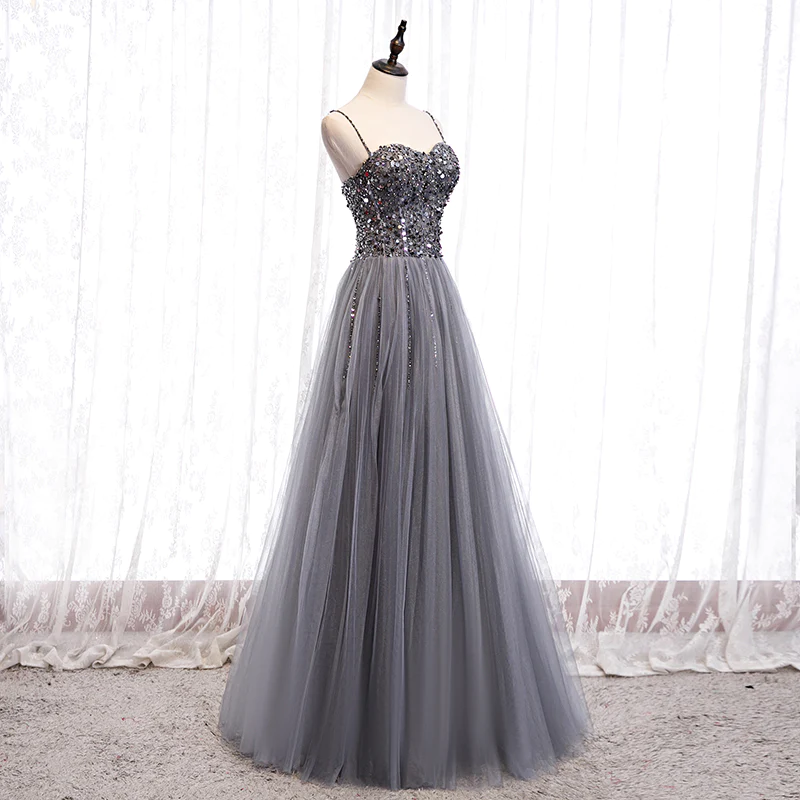 Grey Beaded Straps Sweetheart Shiny Tulle Long Party Dresses, Grey Long Prom Dresses  gh22