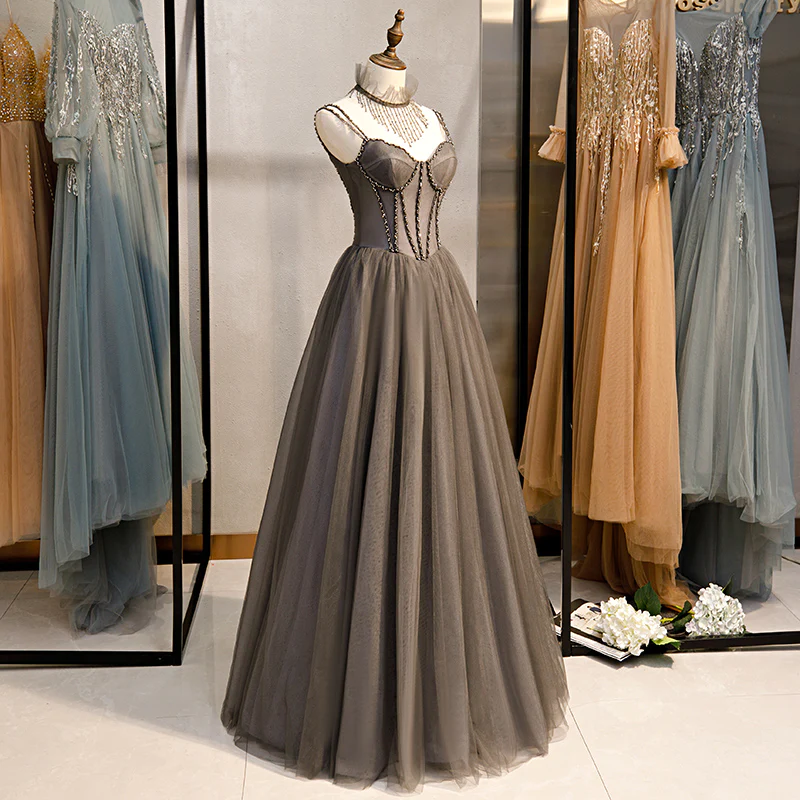 Glam Grey Beaded Tulle Long Evening Dress Party Dress, A-Line Straps Evening Formal Dresses Prom dress gh17