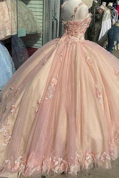 Retro Pink Sweetheart Appliqued 3D Flower A-Line Tulle 18 Birthday Quinceanera Dresses Evening Ball Gowns TP4122