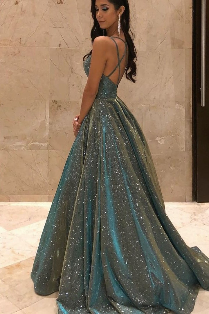 Shinning Spaghetti-Straps V-Neck Sequins Prom Dress Long Sleeveless gh753