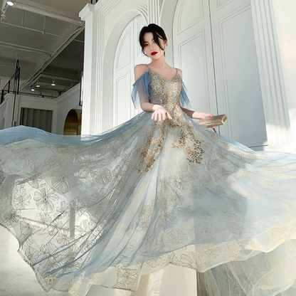 Charming Lace Light Blue V-Neckline Long Prom Dress, A-Line Formal Dress Evening Dress  gh204