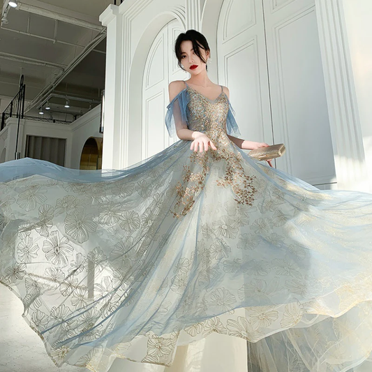 Charming Lace Light Blue V-Neckline Long Prom Dress, A-Line Formal Dress Evening Dress  gh204
