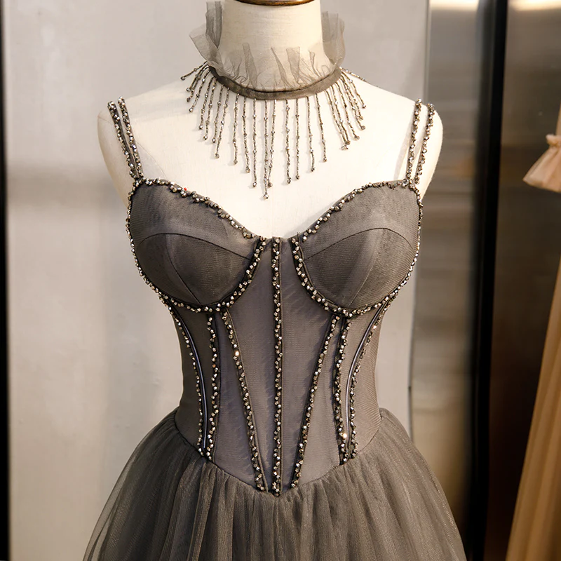 Glam Grey Beaded Tulle Long Evening Dress Party Dress, A-Line Straps Evening Formal Dresses Prom dress gh17