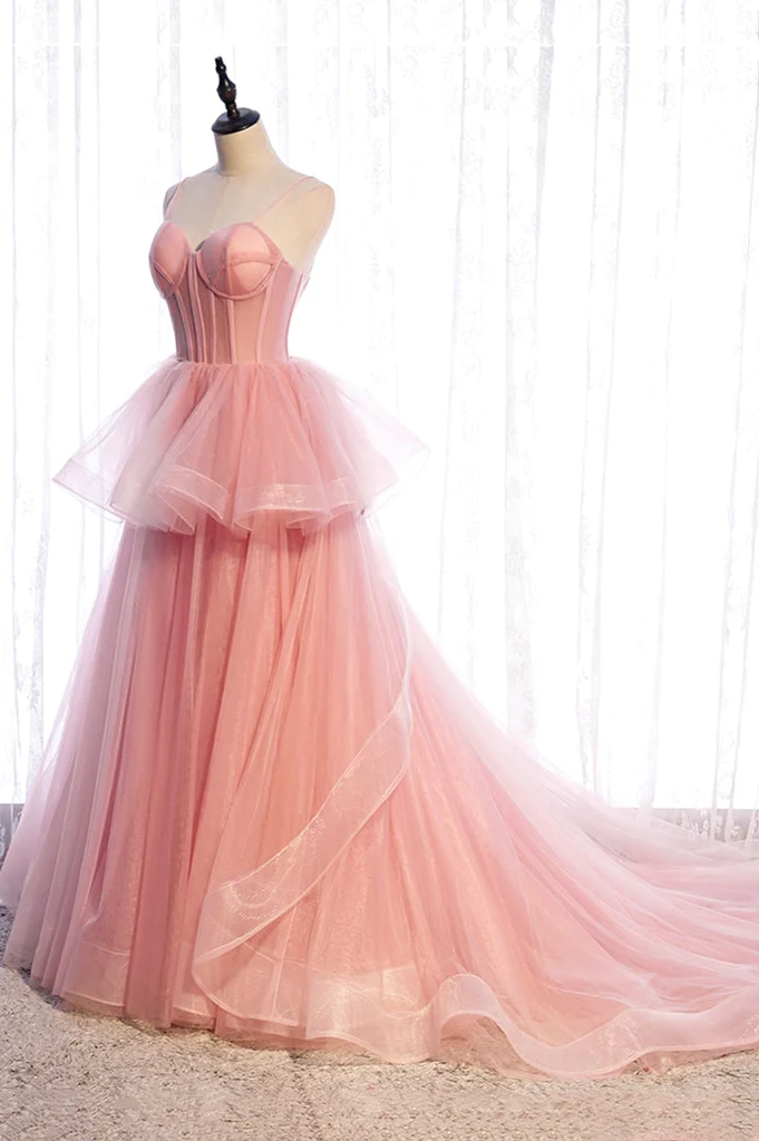 Pink Tulle Sweetheart Straps Long Formal Dresses, Pink Layers Party Dresses  gh29