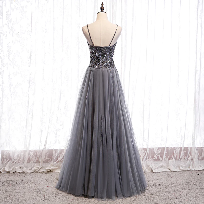 Grey Beaded Straps Sweetheart Shiny Tulle Long Party Dresses, Grey Long Prom Dresses  gh22