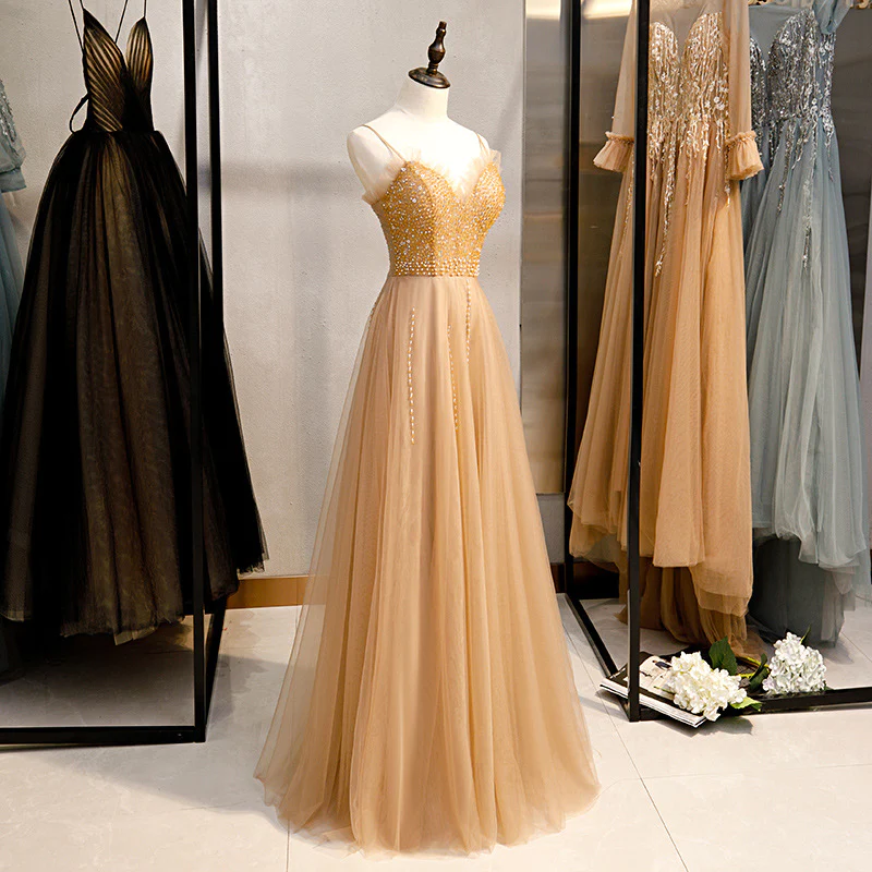 Champagne Sequins Tulle Straps Long Evening Dress Party Dress, Sweetheart Prom Dress  gh25