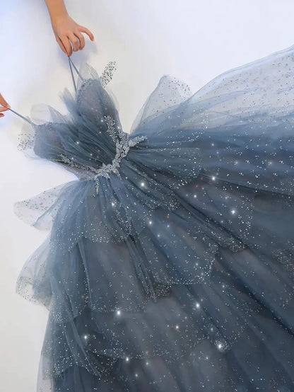 Blue gorgeous sparkling exquisite beaded long tulle ball gown evening dress with rhinestones multi-layered dress gh1001