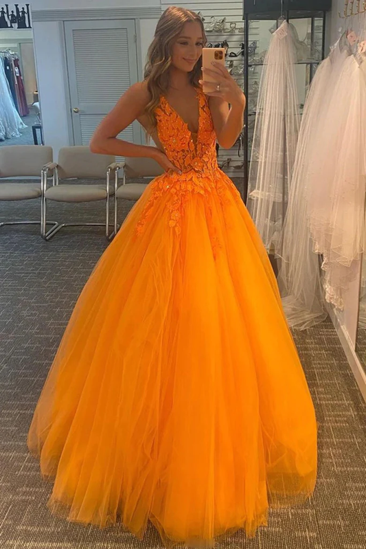 Charming Orange Lace A Line V Neck Open Back Long Prom Dresses,Orange Lace Formal Dresses  gh2241