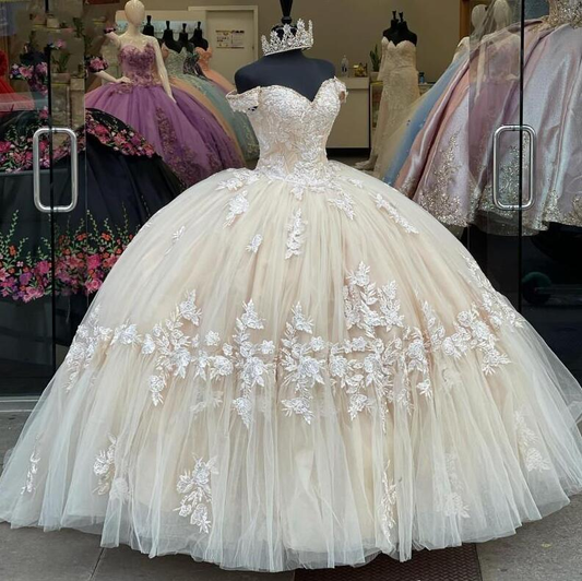 Elegant off-shoulder long champagne lace applique quinceanera dress princess dress gh2514