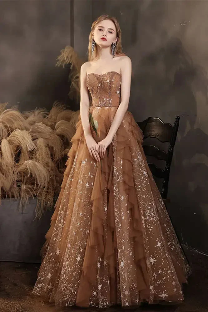 Elegant Champagne Sweetheart Shiny Sequin Ruffle Design A-Line Chiffon Tulle Evening Dress Prom Dress TP4125