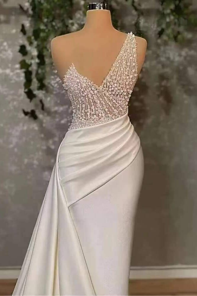 Ivory One-Shoulder Applique Elegant Prom Dress Mermaid With Ruffles  gh2057
