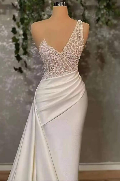 Ivory One-Shoulder Applique Elegant Prom Dress Mermaid With Ruffles  gh2057