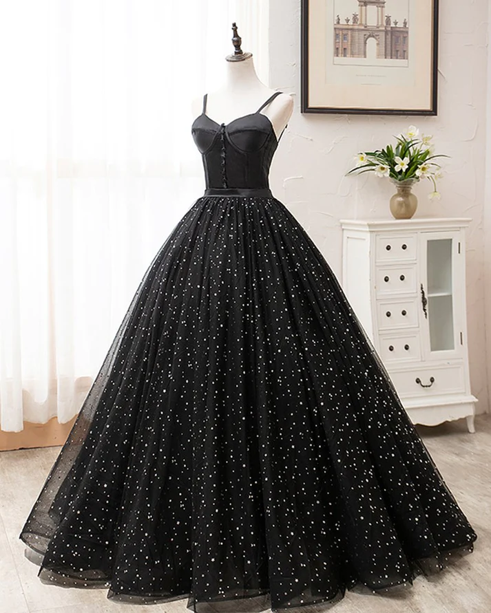 Black Tulle Satin Sweetheart Neck Long Prom Dress, Evening Dress  gh2236